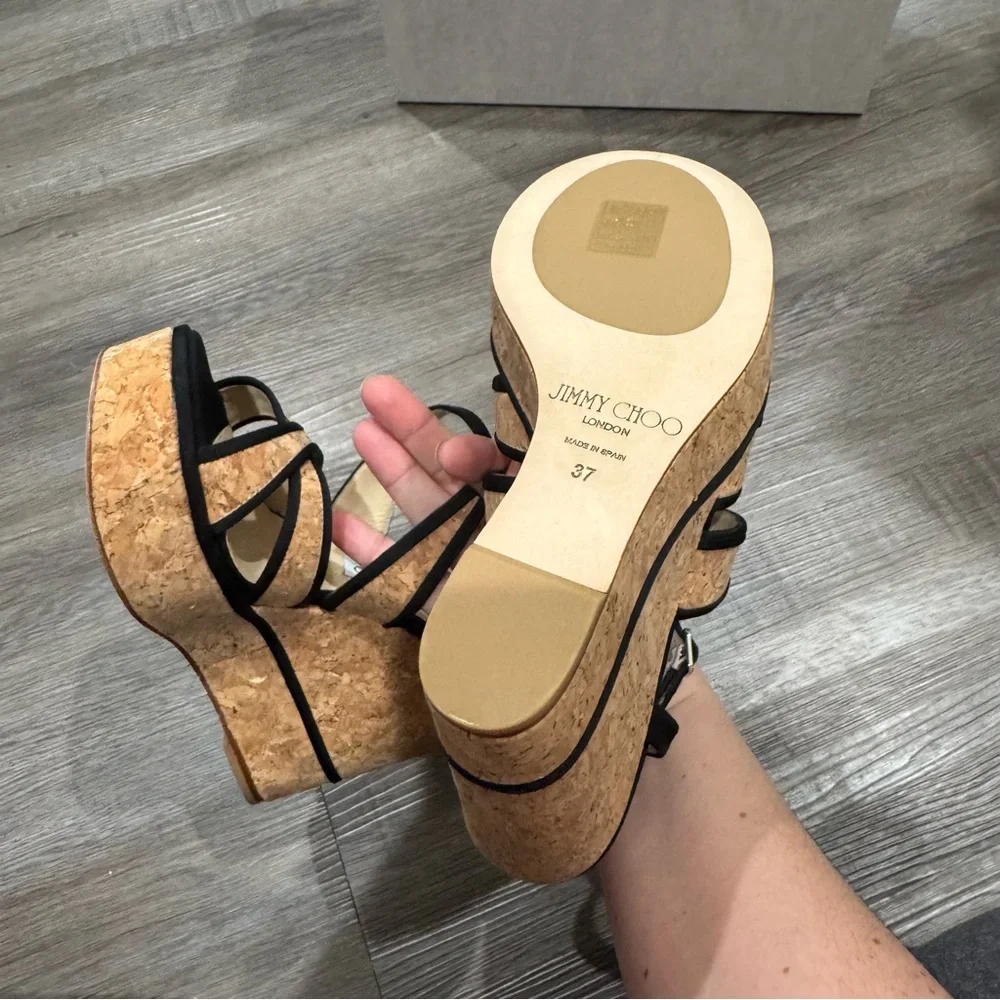 Jimmy Choo Alissa 120 Natural Black Cork Grossgrain Wedges